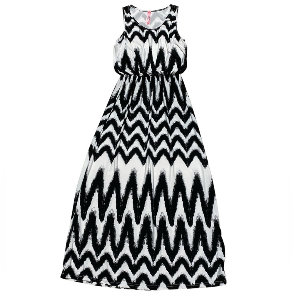 Magic Sleeveless Maxi Dress Women’s L Black White Chevron Casual Boho Flowy